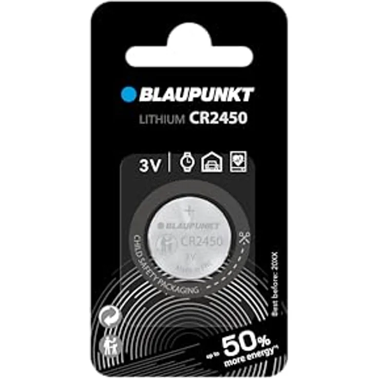 Blaupunkt CR2450 Lithium Coin Knopfzelle, langlebig mit bis zu 10 Jahren Haltbarkeit, temperaturbeständig von -30°C bis +60°C, 1 Stück im Blister