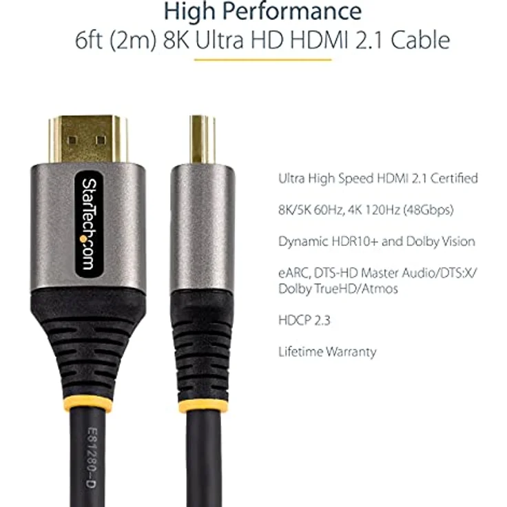 StarTech.com 2m HDMI 2.1 Kabel 8K - Zertifiziertes Ultra High Speed HDMI Kabel 48Gbit/s - 8K 60Hz/4K 120Hz HDR10+ eARC - UHD 8K HDMI Monitorkabel - Monitor/TV - Flexible TPE Ummantelung (HDMM21V2M) – Bild 2