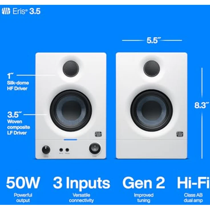 PreSonus Eris 3.5 Gen 2 Aktivlautsprecher für Multimedia und Gaming, 50 W Leistung, Weiß – Bild 3