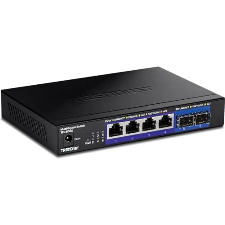 TRENDnet TEG-S562 6-Port Unmanaged Multi-Gig Switch, 4 x 2,5GBASE-T Ports, 2 x 10G SFP+ Ports Lüfterlos, kompaktes Desktop-Design, Metallgehäuse, Netzwerk-Ethernet-Switch, Schwarz