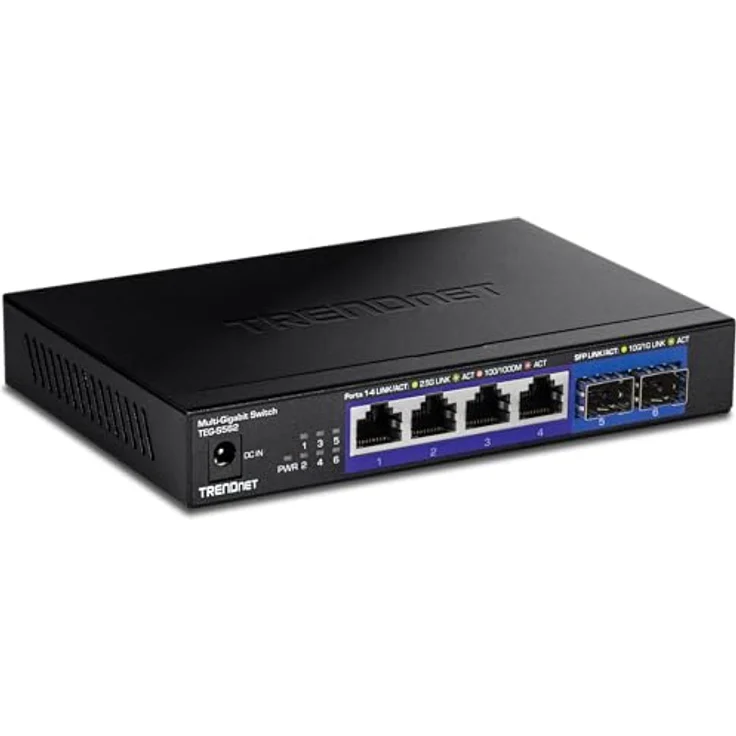 TRENDnet TEG-S562 6-Port Unmanaged Multi-Gig Switch, 4 x 2,5GBASE-T Ports, 2 x 10G SFP+ Ports Lüfterlos, kompaktes Desktop-Design, Metallgehäuse, Netzwerk-Ethernet-Switch, Schwarz – Bild 1