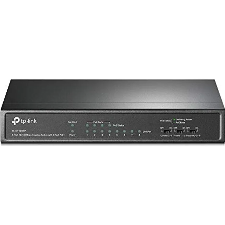 TP-Link PoE Switch 8-Port 100 Mbps, 4 PoE ports up to 15.4 W for each PoE port and 57 W for all PoE ports, Metal Casing, Plug and Play, Ideal for IP Surveillance and Access Point (TL-SF1008P), Black