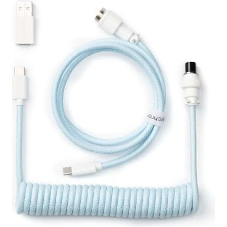 Keychron Coiled Aviator Cable, Spiralkabel für mechanische Tastatur, Typ-C mit abnehmbaren Aviator-Anschluss, hellblau, 136 cm, gerade