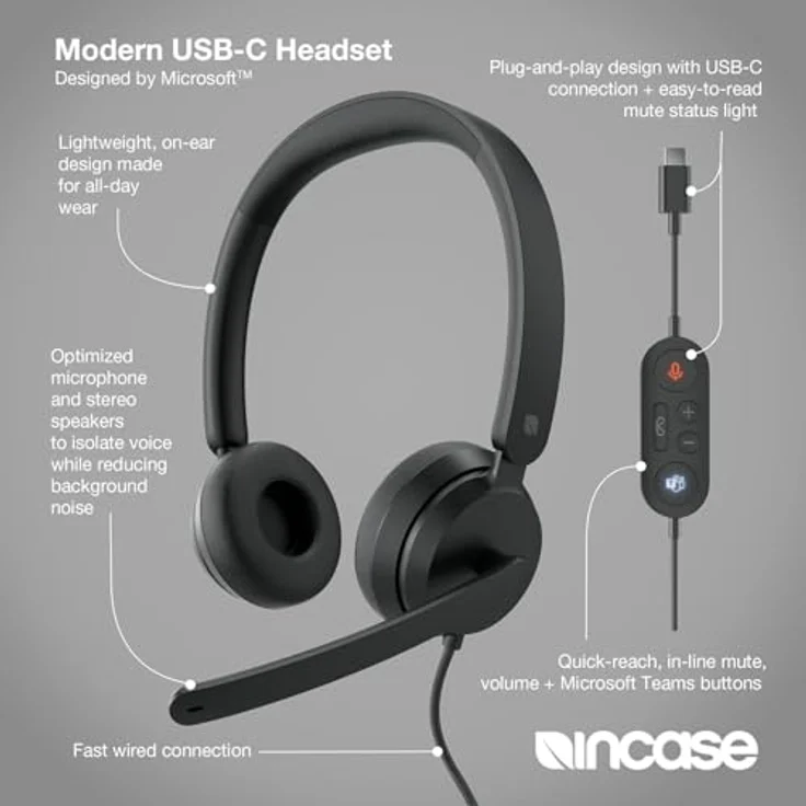 Incase Modernes USB-C-Headset, entworfen von Microsoft, On-Ear-Stereo-Kopfhörer mit Geräuschunterdrückung, Inline-Lautstärkeregler und Teams-Zertifizierung, kabelgebunden – Bild 4
