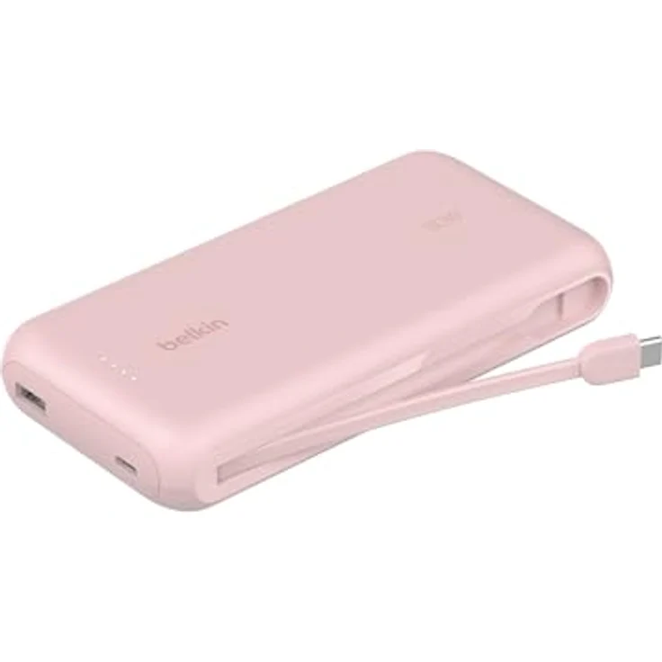 Belkin Portable Powerbank 20K PD 30 W mit integriertem Kabel, USB-C Power Delivery, Rosa