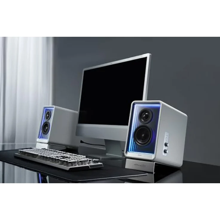 EDIFIER QR65 Aktive Design-Monitorlautsprecher (70 Watt) mit RGB-Lichteffekten, 3X USB TurboGaN-Schnellladeports und Subwoofer-Ausgang, weiß – Bild 2