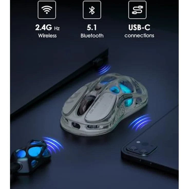 GravaStar Mercury M1 Pro Gaming-Maus, MMO-Computer-Gaming-Mäuse mit 4K-Empfänger, 26.000 DPI, 88 g leichtes ausgehöhltes Design, 5 programmierbare Tasten, 5 dynamische Lightsync-RGB-Modi, Silver Mist – Bild 4