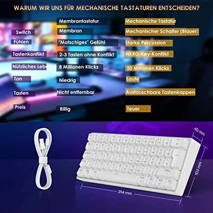 TECURS Gaming Tastatur, Mechanische Tastatur 60% TKL QWERTZ Blaue Schalter, Gamer Tastatur Kabelgebunden 61 Tasten für PC Windows/PS5/PS4, Weiß – Bild 3