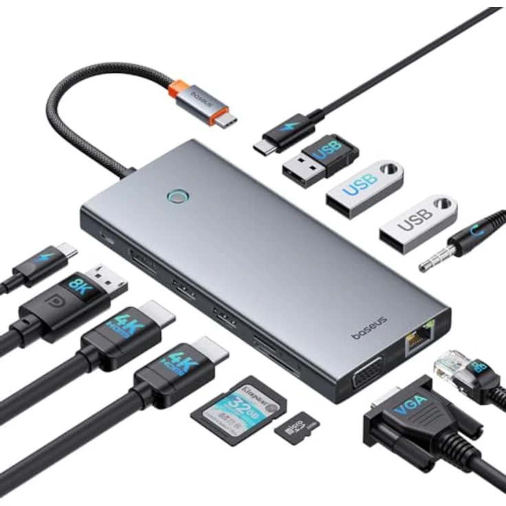 Baseus PortalJoy 13in1 Hub, USB-C auf HDMI, DP, VGA, USB PD, RJ45, SD/TF, 3, grau – Bild 4