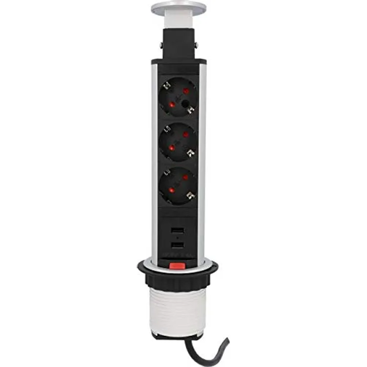 Unitec 30885 Versenkbare Steckdosenleiste vertikal | 2 USB Ladebuchsen | 3 Steckdosen | Befestigungsring | Anschlussleitung und Netzstecker