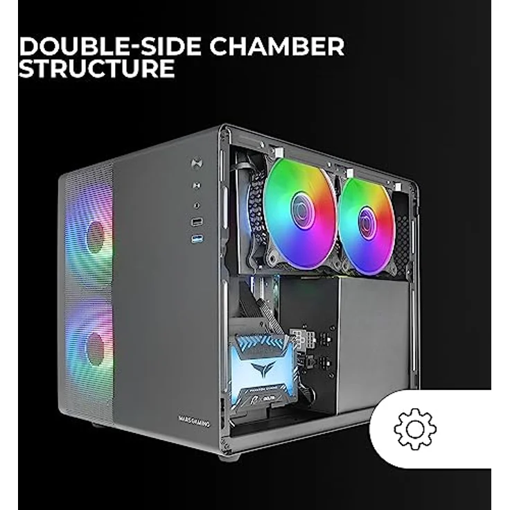 Mars Gaming MC-400, PC-Tower-Gehäuse in Schwarz mit Doppelseitigem Kammerdesign und RGB-Kühlung für Micro-ATX und Mini-ITX Systeme – Bild 2
