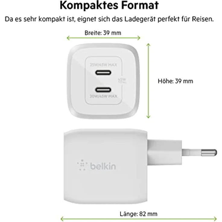 Belkin 45-W-USB-C-Ladegerät mit 2 Ports, Schnellladen mit Power Delivery 3.0 und GaN-Technologie, für iPhone 16/15, Plus, Pro, Pro Max, iPad Pro, Air, MacBook, Galaxy S24, Plus, Ultra, Tab, Pixel, usw. – Bild 5