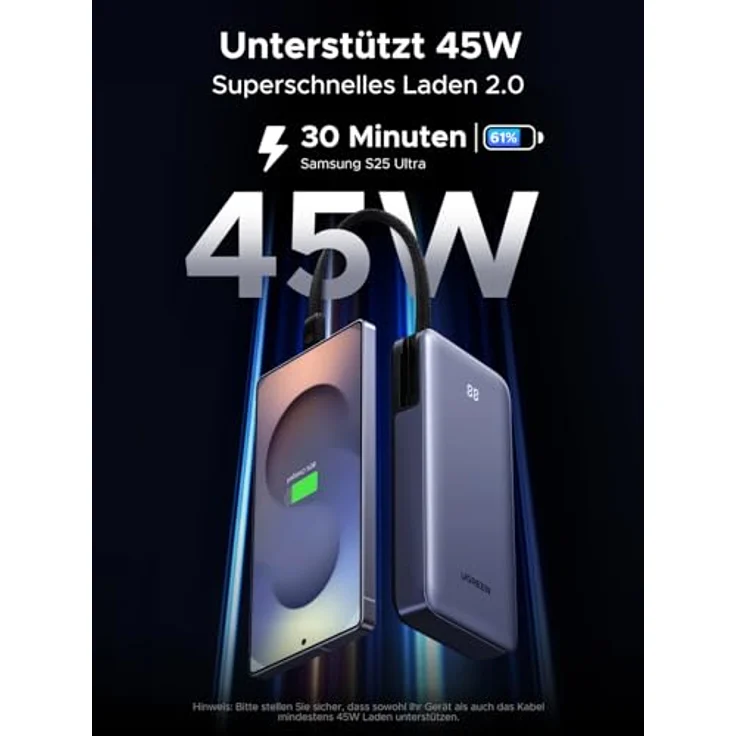 UGREEN Power Bank 20000mAh, 45W Schnellladung mit integriertem USB-C Kabel, bidirektionalem PD, kompatibel mit Galaxy S25 Ultra/S25+, iPhone 17/16 Serie, iPad und Laptop – Bild 2