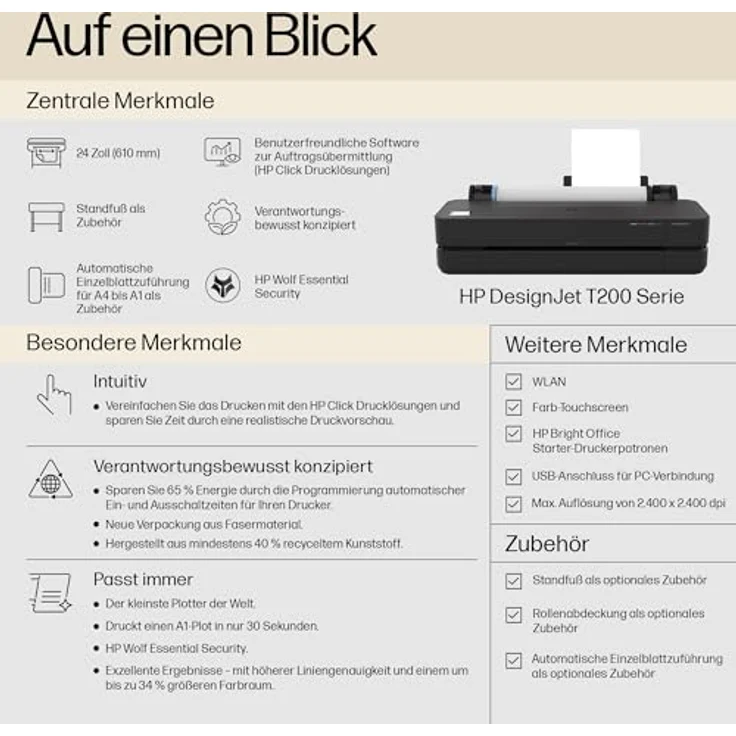 HP DesignJet T250 24 Zoll (61 cm 5HB06D), Großformatdrucker, 76 A1-Drucke/Stunde, Wi-Fi, Ethernet, USB, 2400x1200 DPI, schwarz, recyceltes Metall, 2 Jahre Garantie – Bild 2