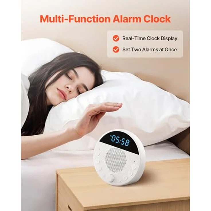 VEVOR CS8 Einschlafhilfe, White Noise Machine mit 18 Musiktiteln, 7-farbigem Nachtlicht, 2 Alarmen, automatischer Abschaltfunktion & Speicherfunktion – Bild 6
