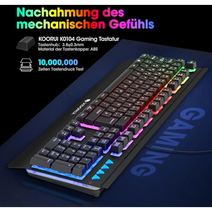 KOORUI Gaming Tastatur K0104, Deutsches QWERTZ-Layout, Handballenauflage, Anti-Ghosting, USB, 12 Multimedia Tasten, spritzwassergeschützt, schwarz – Bild 4
