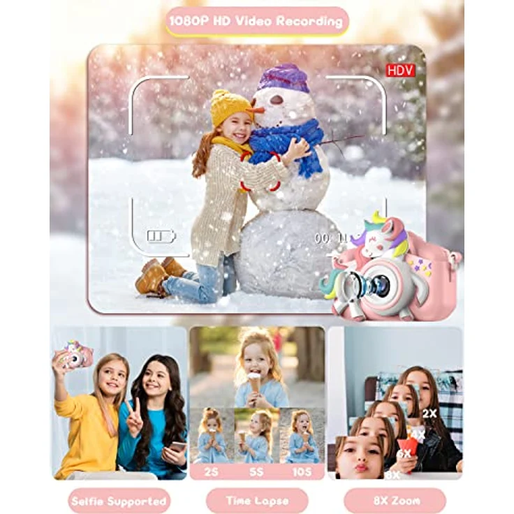 Gofunly Kinderkamera 1080P, Digitalkamera mit 2,0-Zoll-Bildschirm und 32GB-Karte für Kinder, rosa-weißes Pferd, ideal als Geburtstags- und Weihnachtsgeschenk – Bild 3