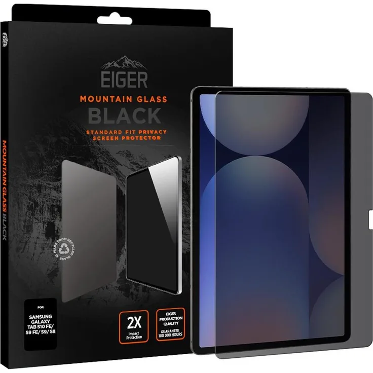 Eiger Mountain Glass Black, Privacy Sichtschutz-Glas für Galaxy Tab S9/S8/S9 FE/S7, ultradünn, kratz- und stoßfest, Standard Fit