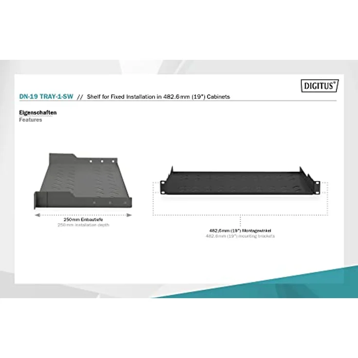 DIGITUS Professional DN-19 TRAY-1-SW - Fachboden zum Festeinbau in 19" Schränke - Traglast 15 kg - ab 450 mm Schranktiefe - 1HE - Farbe schwarz – Bild 2
