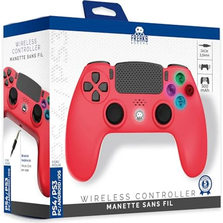 Freaks and Geeks Drahtloser Controller Rot V2, Gaming Controller für PS4, PS3 und PC, mit Doppelte Vibration, 3,5mm Klinke und LED-beleuchteten Tasten, Rot – Bild 1