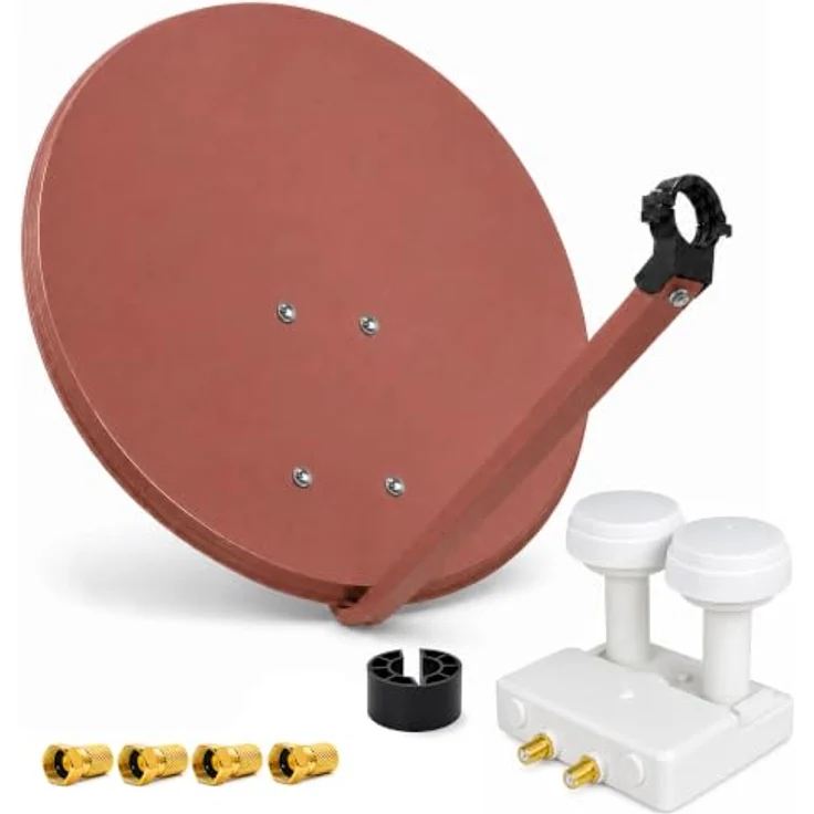 PremiumX Satelliten-Komplettanlage 80cm, Ziegelrot, Twin LNB Monoblock, Empfang von Astra 19,2° und Hotbird 13°, für 2 Teilnehmer – Bild 1