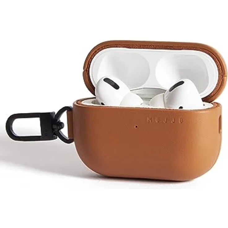 Mujjo Echelon Leather AirPods Pro (1 & 2) Hülle Tan - Hochwertiges pflanzlich gegerbtes Leder, Kabellose Ladekompatibilität