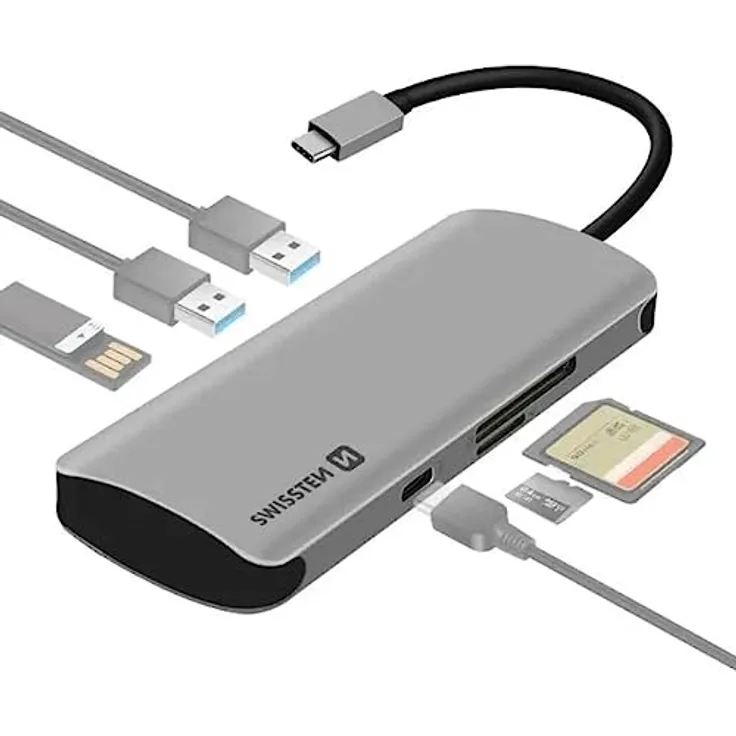 Swissten - 6-in-1 HUB Adapter USB-C mit 3X USB 3.0, USB-C Power Delivery, Micro-SD/SD-Eingang, Swissten - Grau