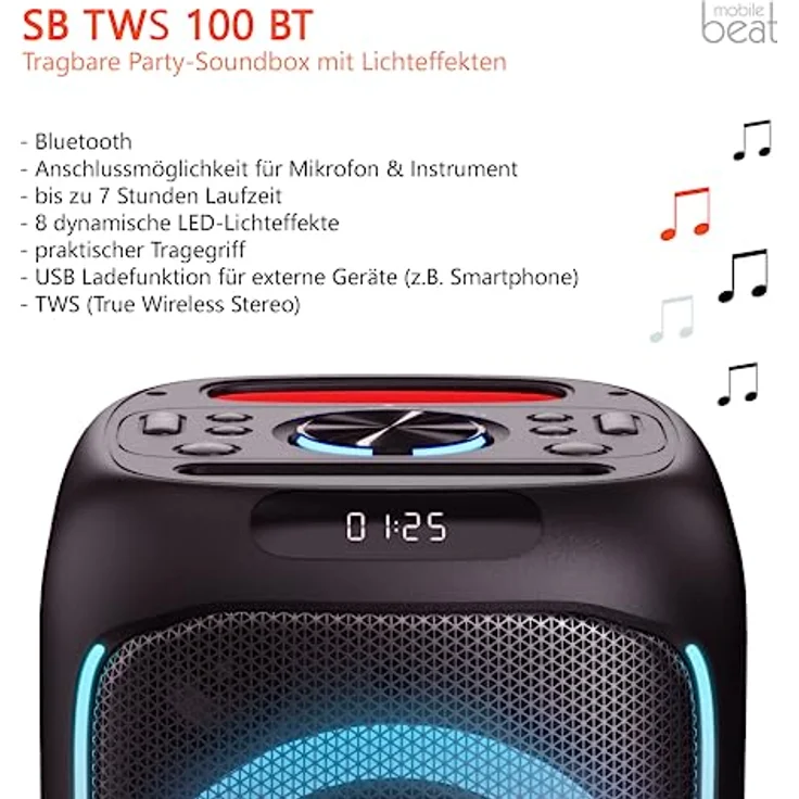 Mobile Beat SB-TWS 100 BT Soundbox, bis zu 7h Laufzeit, LED-Lichtefeekte, praktischer Tragegriff, Akku, USB-Ladefunktion für Externe Geräte – Bild 4