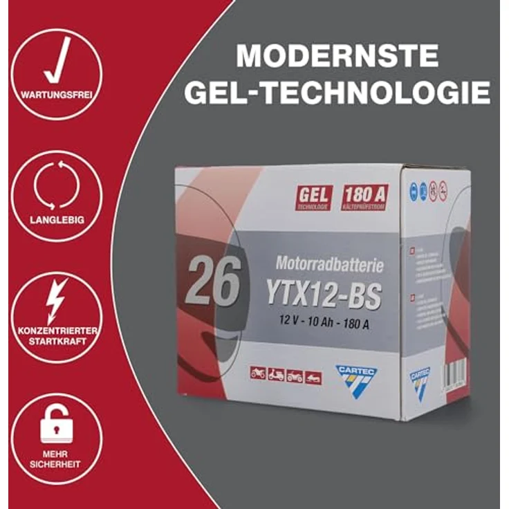 Cartec GEL Batterie YTX12-BS, 12Ah 240A, wartungsfreie Motorradbatterie mit auslaufsicherer Gel-Technologie – Bild 3
