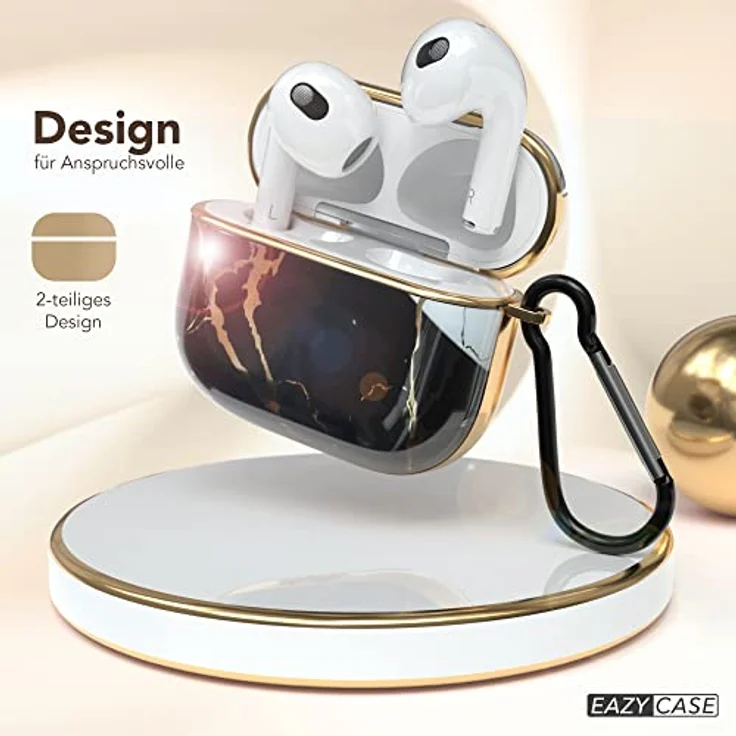 EAZY CASE AirPods 3 Schutzhülle, Stoßfestes Hard Case in Marmor Schwarz mit Karabiner, Antikratz und Rutschfest, Kabelloses Laden unterstützt – Bild 2