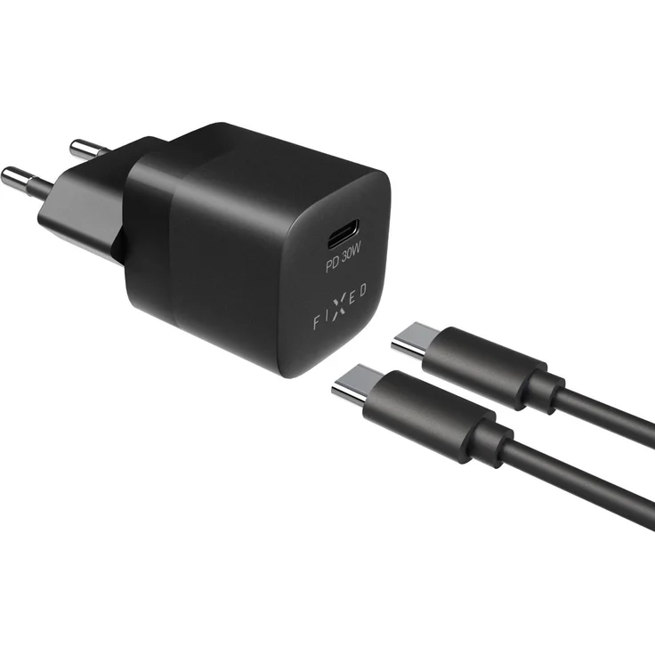 FIXED Mini PD Travel Charger, Ladegerät USB-C mit 30W und USB-C Kabel, Schwarz