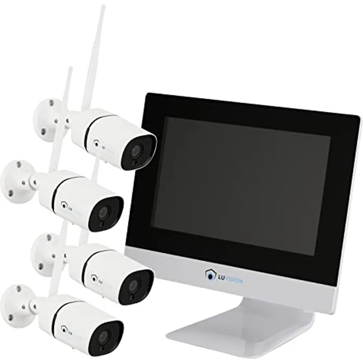 LUVISION WLAN Funk Überwachungskamera Set - Überwachungssystem mit Monitor HDD-Rekorder & Cloud Speicher 4 IP Kameras & App