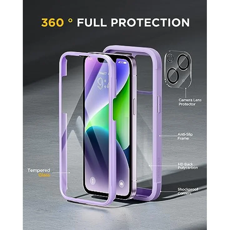 Miracase 360 Grad Hülle für iPhone 13/ iPhone 14 (6.1 Zoll), Stoßfeste Ganzkörper Schutzhülle mit eingebauter 9H-Glas Displayschutzfolie, Violett – Bild 3