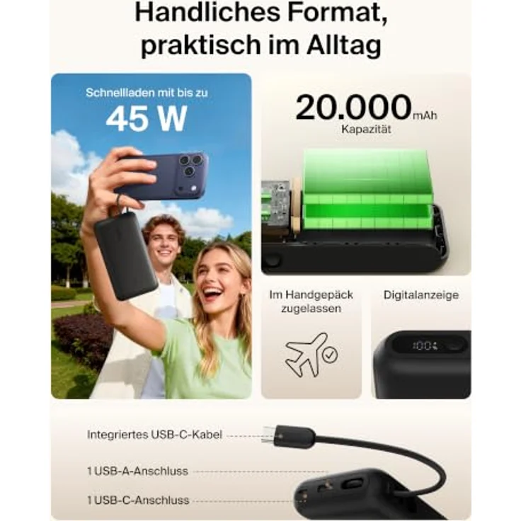 Belkin UltraCharge 20000mAh Power Bank mit integriertem USB-C-Kabel, 45 W Schnellladung und digitaler Anzeige – Schwarz – Bild 2