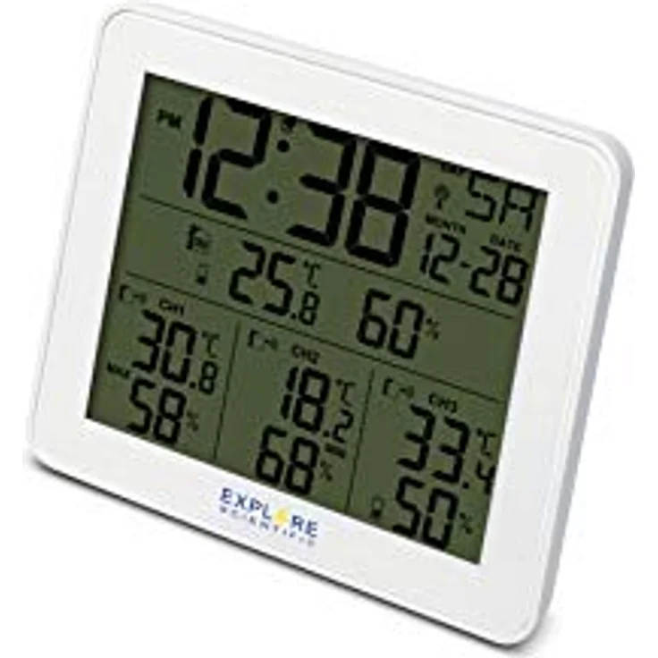 Explore Scientific WSH4003 Funk-Wetterstation mit Alarm, blaues Display mit Hintergrundbeleuchtung mit Temperatur/Luftfeuchtigkeit in/ext, historischer Datenspeicher, 3 Sensoren inklusive, weiß – Bild 2