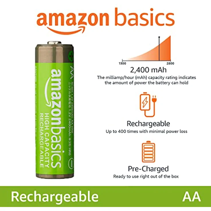 Amazon Basics AA-Batterien mit hoher Kapazität, wiederaufladbar, 2400 mAh, vorgeladen, 24 Stück – Bild 2