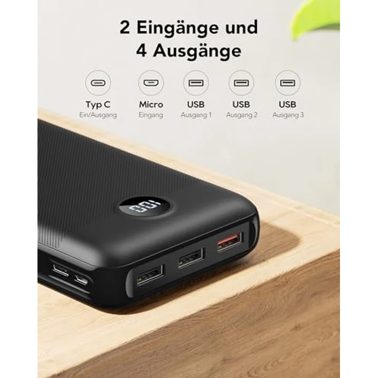VEGER Power Bank 27000mAh 20W PD, USB C Externer Handyakku mit 4 Ausgängen, 2 Eingängen und LED Display, kompatibel mit iPhone, Samsung, Huawei, Tablets, Schwarz – Bild 3