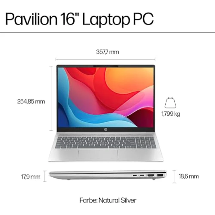 HP Pavilion Laptop 16", WUXGA Touch-Display, AMD Ryzen 5 8540U, 8 GB DDR5 RAM, 512 GB SSD, AMD Radeon Graphics, QWERTZ, Windows 11 Home, Silber – Bild 2