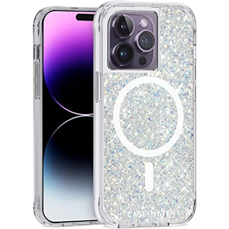 Case-Mate Twinkle MagSafe Case Schutzhülle kompatibel mit Apple iPhone 14 Pro Hülle Glitzer [3 m Fallschutz | Recyceltes Material | Integrierter MagSafe-Ring | Schillerndes Design] - Stardust, Silber