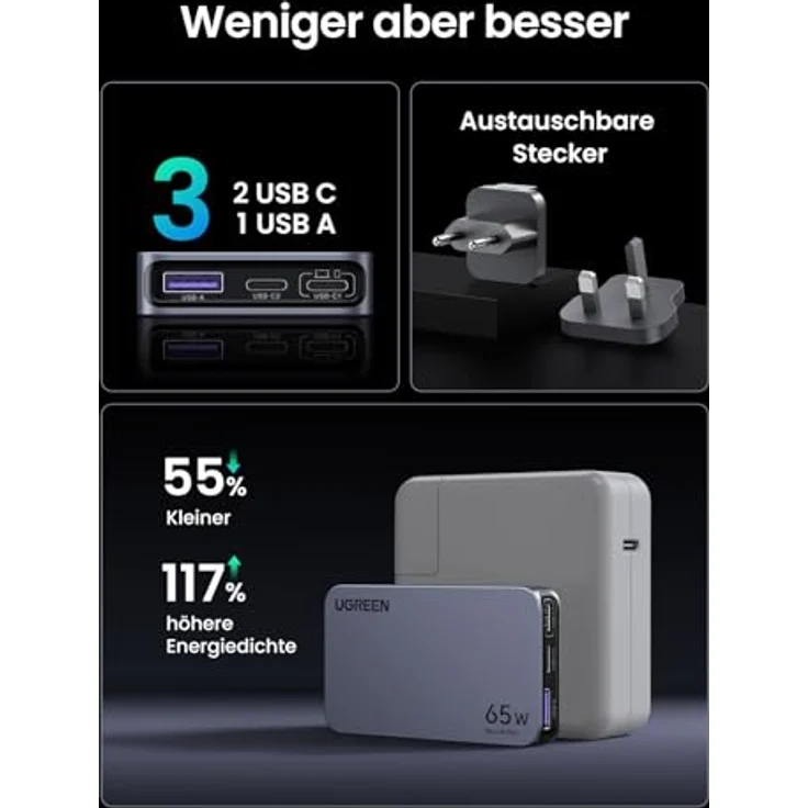 UGREEN Nexode Pro 65W USB C Ladegerät Slim mit GaN-Technologie für MacBook Pro/Air, iPad, iPhone 16 Pro Max - Schwarz – Bild 2