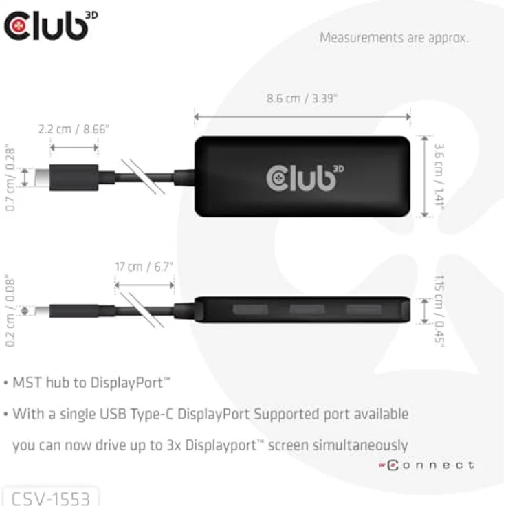 Club 3D CSV-1553 USB Typ C (DP Alt-Mode 2.1) auf DisplayPort Triple Monitor 4K60Hz MST Hub, Schwarz – Bild 2