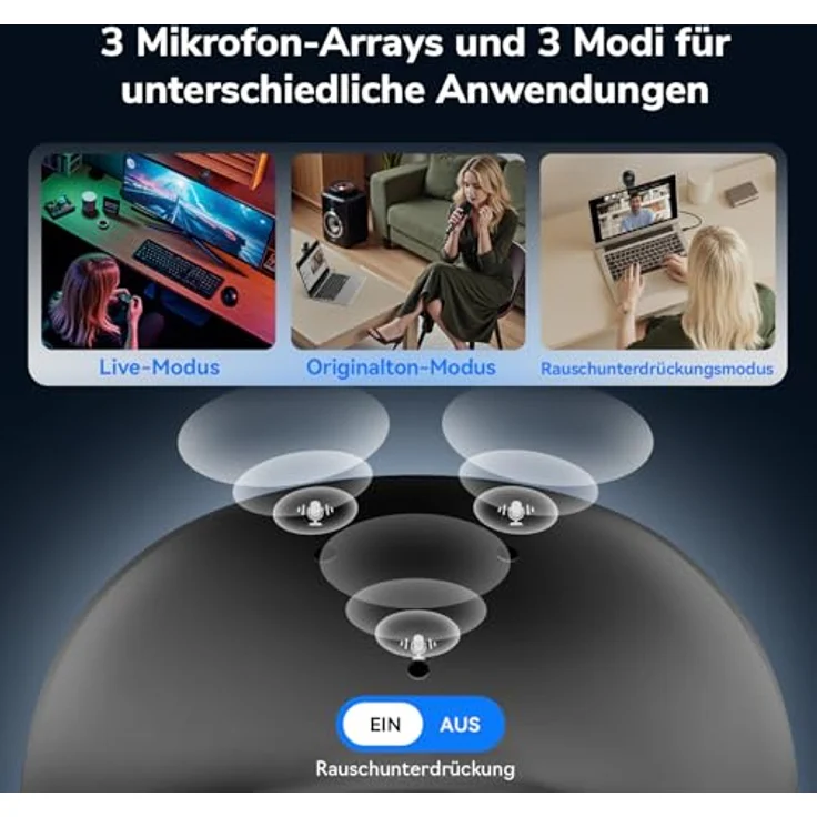 EMEET 4K Webcam Piko, KI-gestützte Dual-Kamera Webcam mit 3 Mikrofon-Arrays und 3 Soundmodi, USB-Webcam für Zoom/Skype – Bild 4