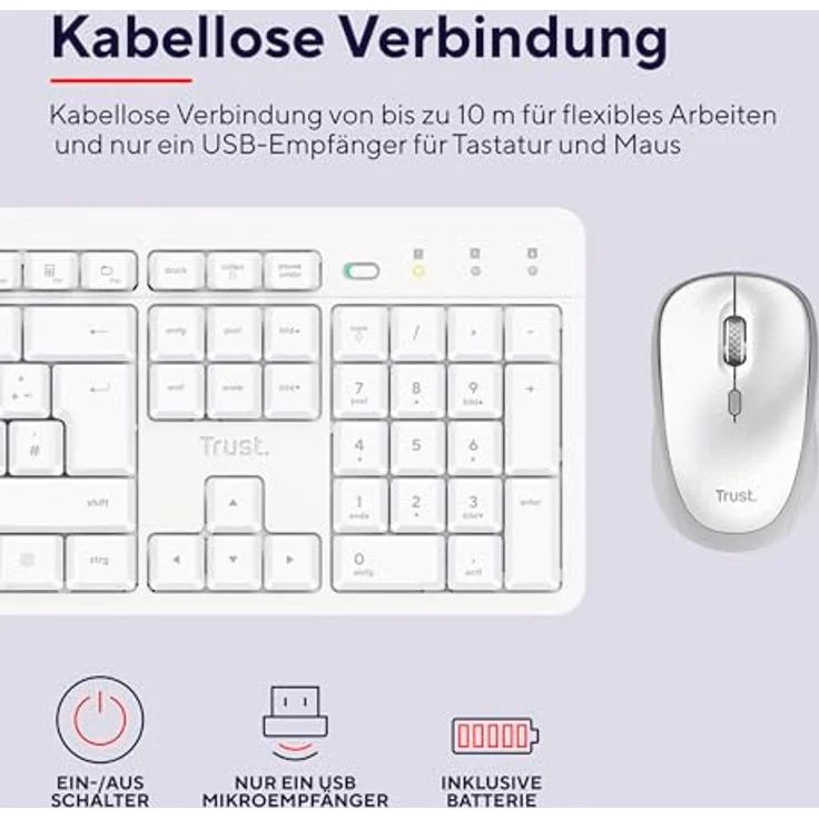 Trust ODY II Leise Tastatur Maus Set Kabellos Deutsches QWERTZ Layout, Flachen Tasten, Beidhändig Funkmaus 800-1600 DPI, Spritzwassergeschützt, für PC Computer Laptop Mac, Weiß – Bild 3