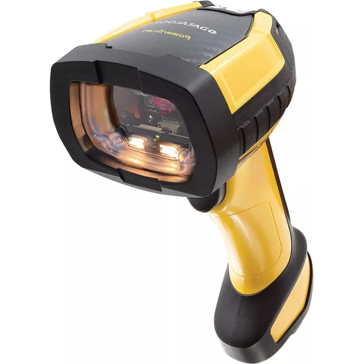 Datalogic PowerScan PM9600-SR, robuster Barcode-Scanner für 1D- und 2D-Barcodes, gelb-schwarz, IP65/IP67, drahtlos mit 433 MHz, 3300 mAh Batterie, umfassendes Zubehörpaket