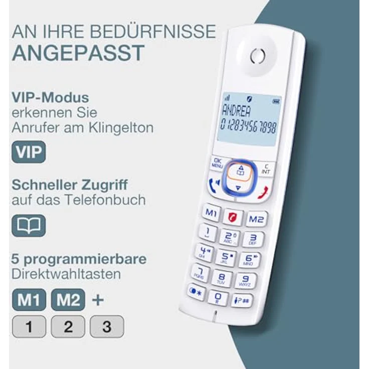 ALCATEL F530 Voice, Schnurloses Festnetztelefon DECT mit Anrufbeantworter, großem beleuchtetem Display, Freisprechfunktion, Anrufblockierungsfunktion, 2 Direktwahltasten, Weiß/Blau – Bild 3