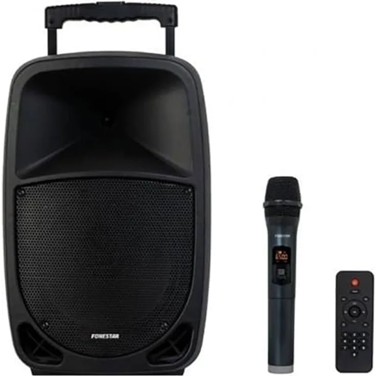 FONESTAR Altavoces MALIBU-310, Tragbarer Bluetooth-Lautsprecher mit 100W Leistung, mehrfarbig, inklusive UHF-Mikrofon und Trolley