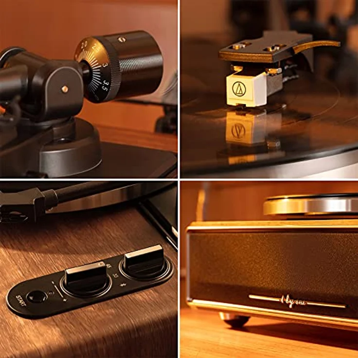 1byone Plattenspieler mit Integrierten Lautsprechern, Bluetooth, 33/45 U/min Riemenantrieb, Phono-Vorverstärker, Holz-Metall Design, Auto-Stopp Funktion – Bild 2