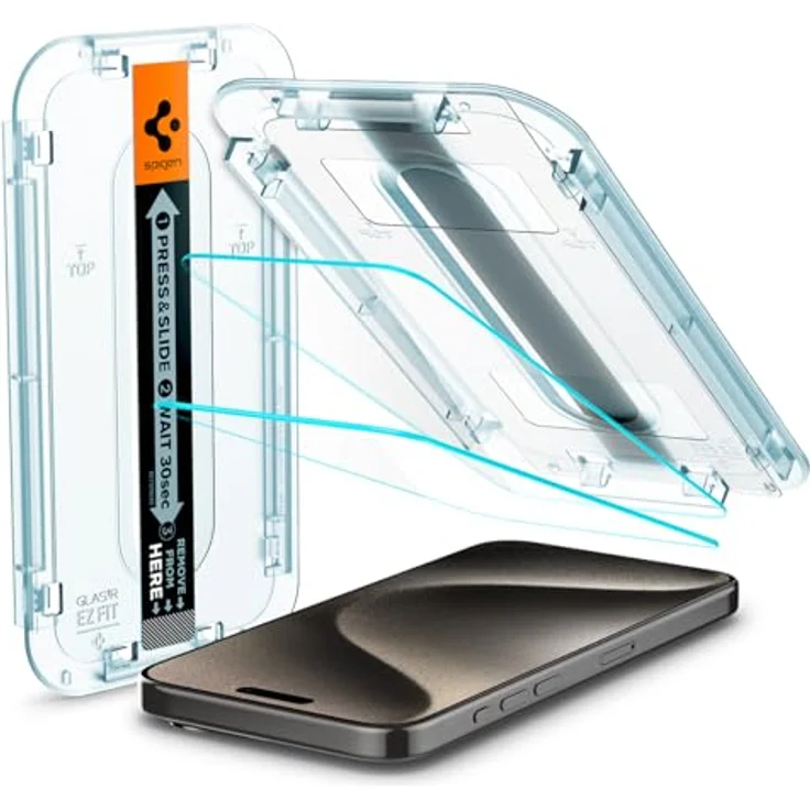 Spigen Glas.tR EZ Fit Displayschutzfolie kompatibel mit iPhone 15 Pro Max, 2 Stück, Kratzfest, 9H Härte, Transparent – Bild 1