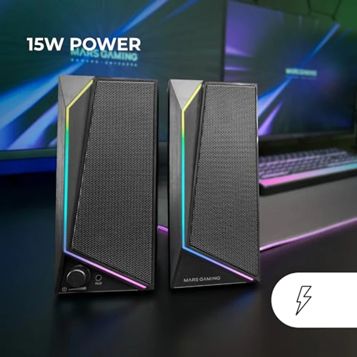 Mars Gaming MS72, Gaming-Lautsprecher 15W mit RGB Flow Beleuchtung, 2 Aktive Treiber, DSP-Chipsatz, Plug&Play USB- und 3,5mm-Klinkenanschluss, Lautstärkeregler, Schwarz – Bild 2