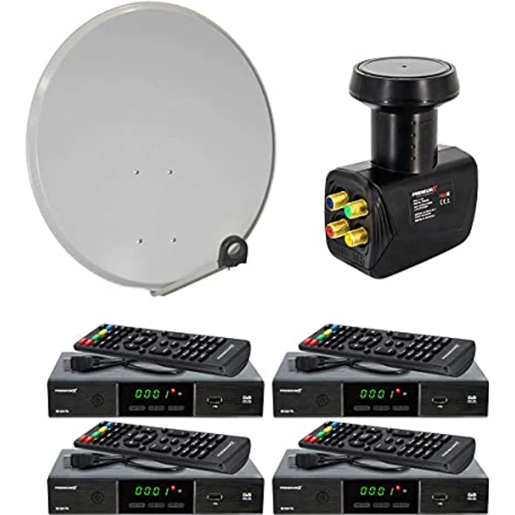 PremiumX Satelliten-Komplettanlage 60cm Antenne Hellgrau, Quad LNB für bis zu 4 Teilnehmer, 4x DVB-S2 FullHD Receiver inkl. HDMI-Kabel – Bild 1